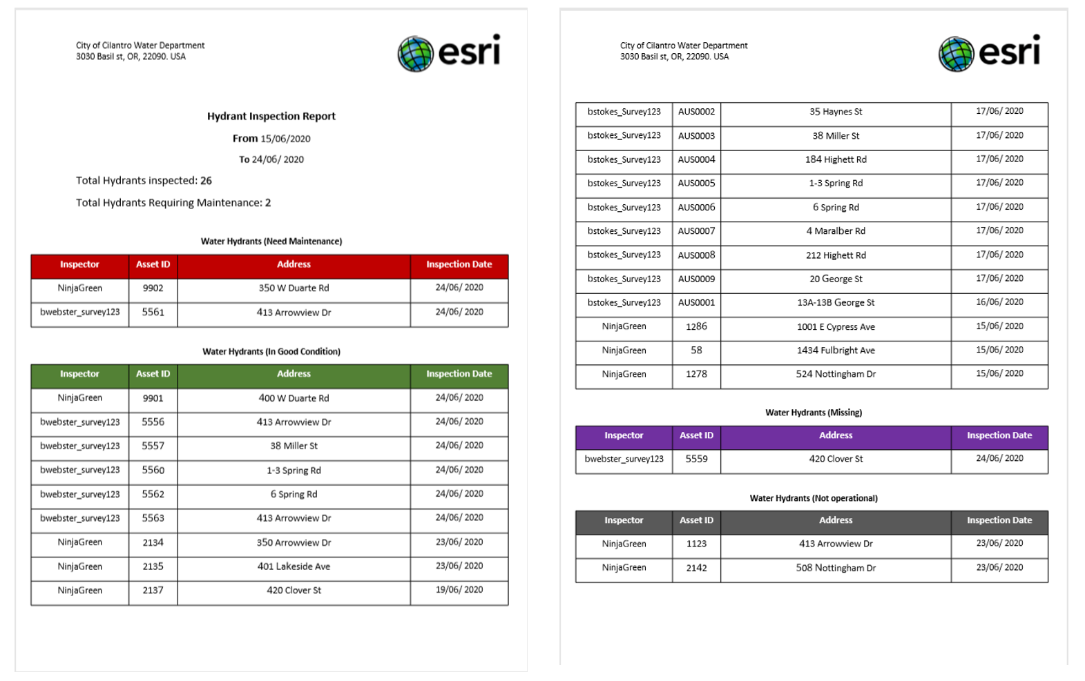 Water Hydrant Summary Table